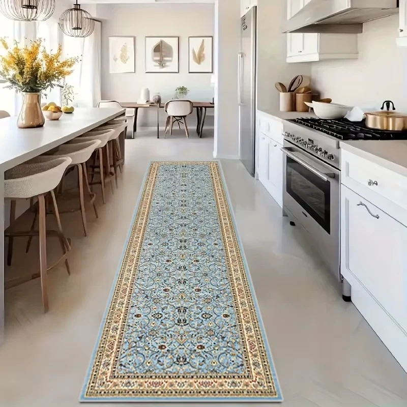 Tapis Long Floral Vintage Bleu et Doré Antidérapant pour Cuisine