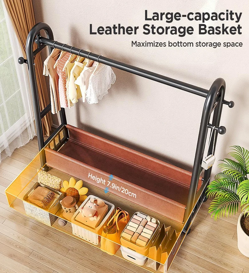 Joybos® Portant à vêtements autoportant, robuste, avec panier de rangement en cuir et roulettes verrouillables F275