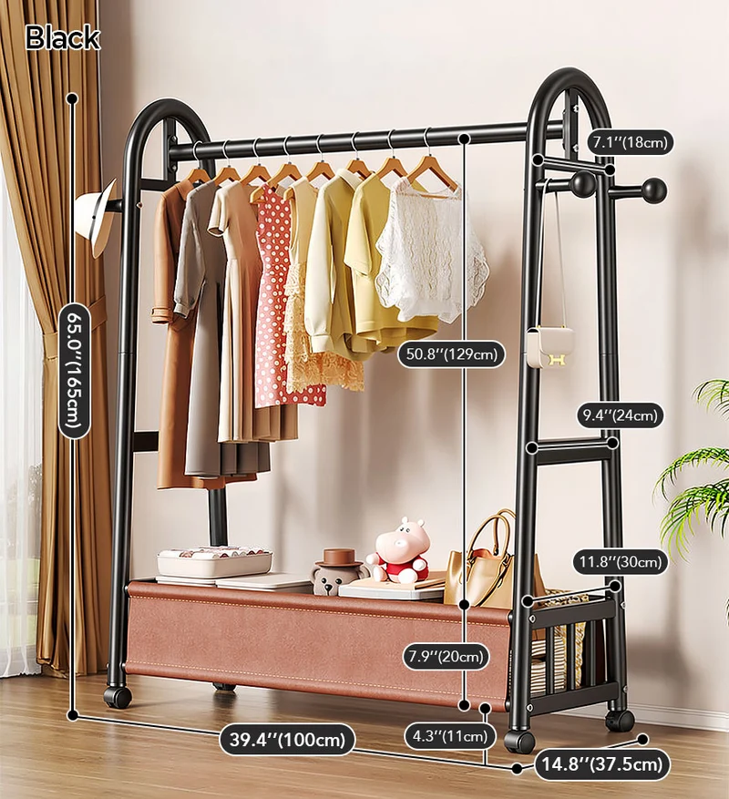 Joybos® Portant à vêtements autoportant, robuste, avec panier de rangement en cuir et roulettes verrouillables F275