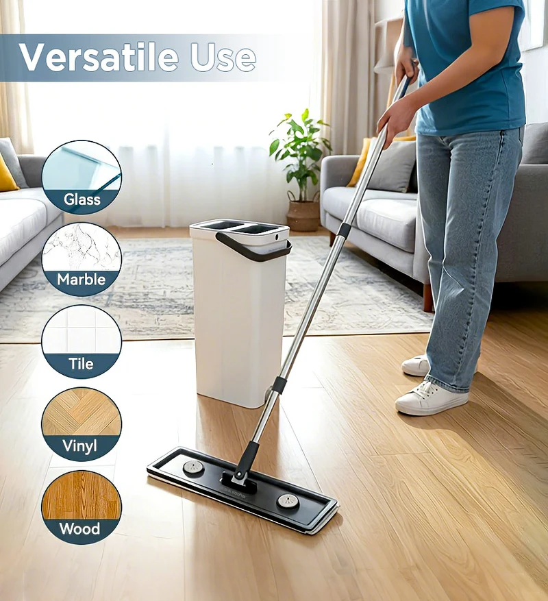 Joybos® Ensemble balai-serpillère et seau avec essoreur, incluant 4 têtes en microfibre lavables — Modèle Z208