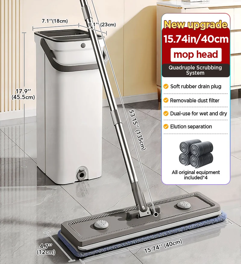 Joybos® Ensemble balai-serpillère et seau avec essoreur, incluant 4 têtes en microfibre lavables — Modèle Z208