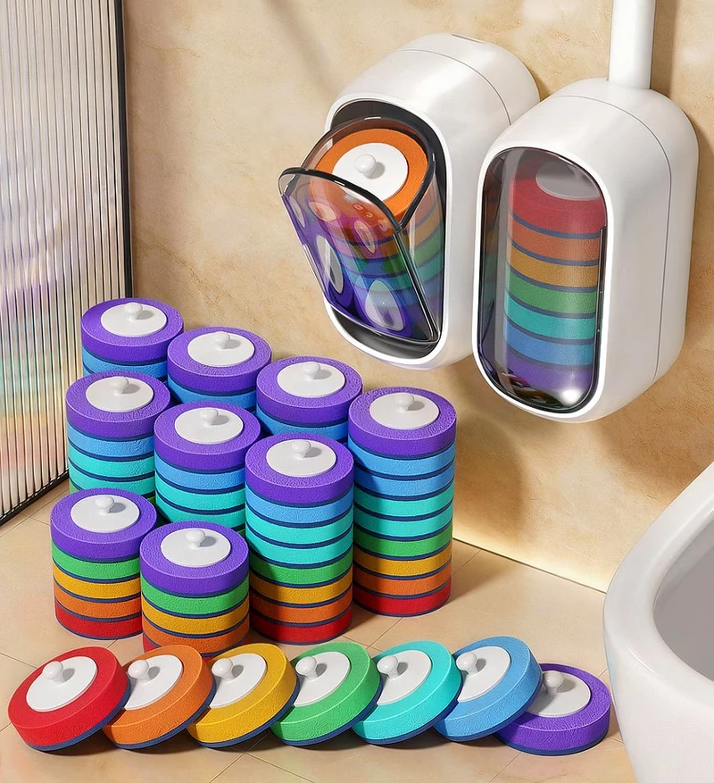 Joybos® Kit de brosse WC jetable mains libres avec liquide nettoyant intégré et 7 têtes Z209