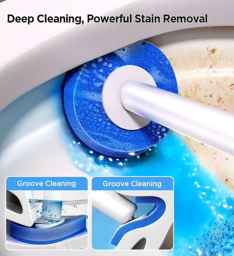 Joybos® Kit de brosse WC jetable mains libres avec liquide nettoyant intégré et 7 têtes Z209