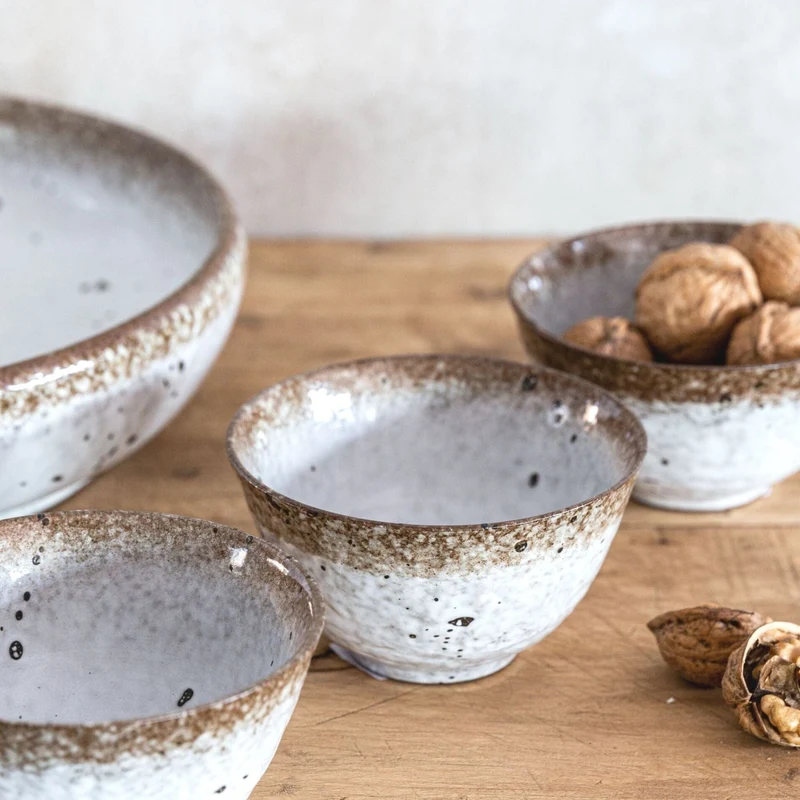 Stoneware Bowl | White/Brown 12x7cm