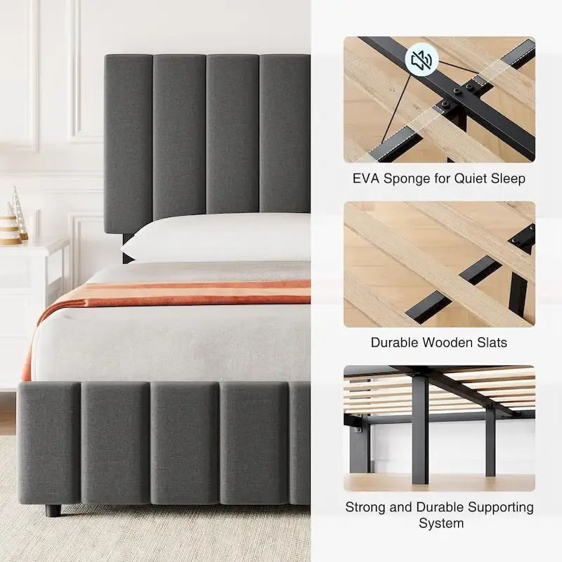 Grey Queen Linen Upholstered Bed Frame with 4 Storage Drawers