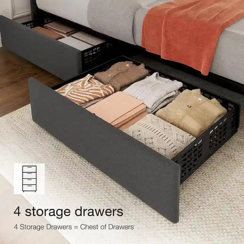 Grey Queen Linen Upholstered Bed Frame with 4 Storage Drawers