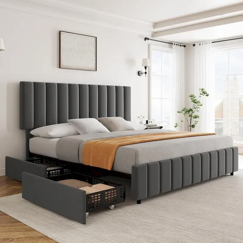 Grey Queen Linen Upholstered Bed Frame with 4 Storage Drawers