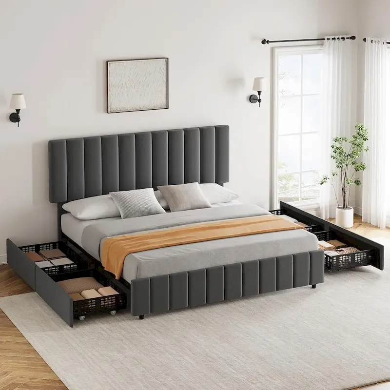 Grey Queen Linen Upholstered Bed Frame with 4 Storage Drawers