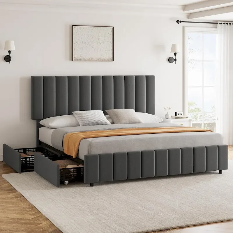 Grey Queen Linen Upholstered Bed Frame with 4 Storage Drawers