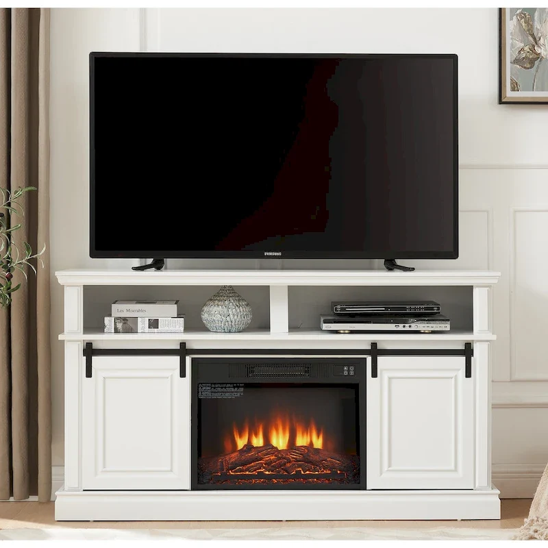 Media Console Table with Storage Cabinet, Mid Century Modern TV Console with 23 Fireplace Insert, Multipurpose Sliding Door TV