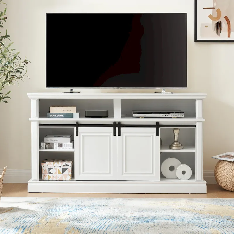 Media Console Table with Storage Cabinet, Mid Century Modern TV Console with 23 Fireplace Insert, Multipurpose Sliding Door TV