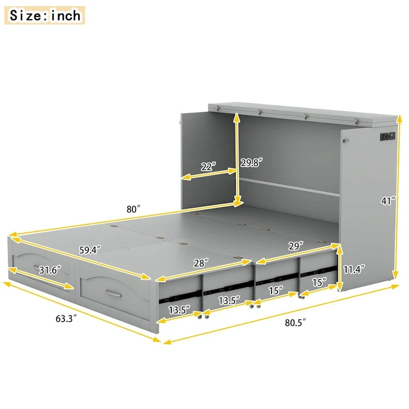 Queen/Full Size Murphy Bed with drawer and a set of Sockets & USB Ports