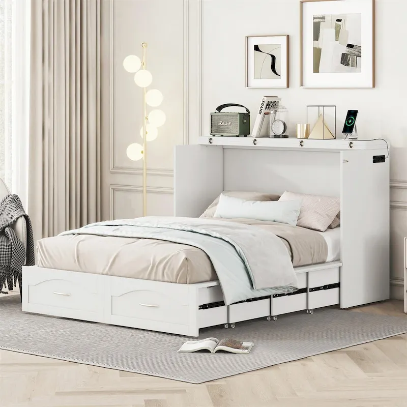 Queen/Full Size Murphy Bed with drawer and a set of Sockets & USB Ports