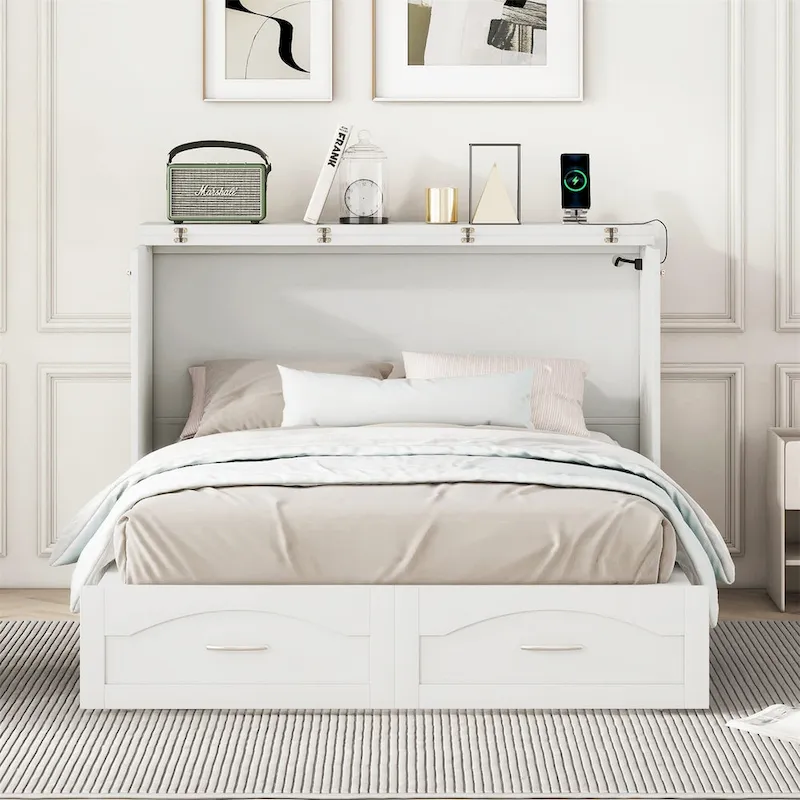 Queen/Full Size Murphy Bed with drawer and a set of Sockets & USB Ports