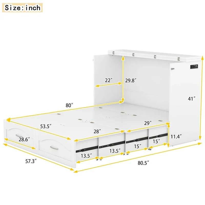 Queen/Full Size Murphy Bed with drawer and a set of Sockets & USB Ports