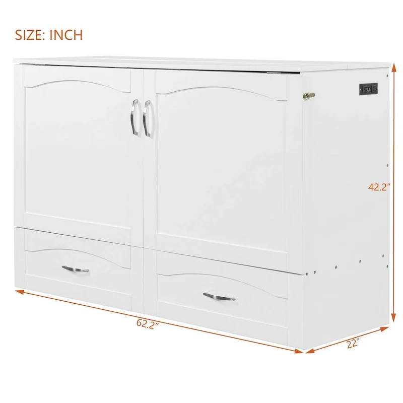 Queen/Full Size Murphy Bed with drawer and a set of Sockets & USB Ports