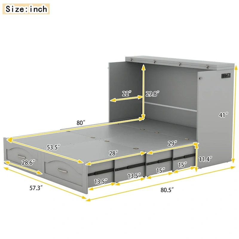 Queen/Full Size Murphy Bed with drawer and a set of Sockets & USB Ports