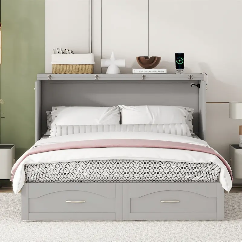 Queen/Full Size Murphy Bed with drawer and a set of Sockets & USB Ports
