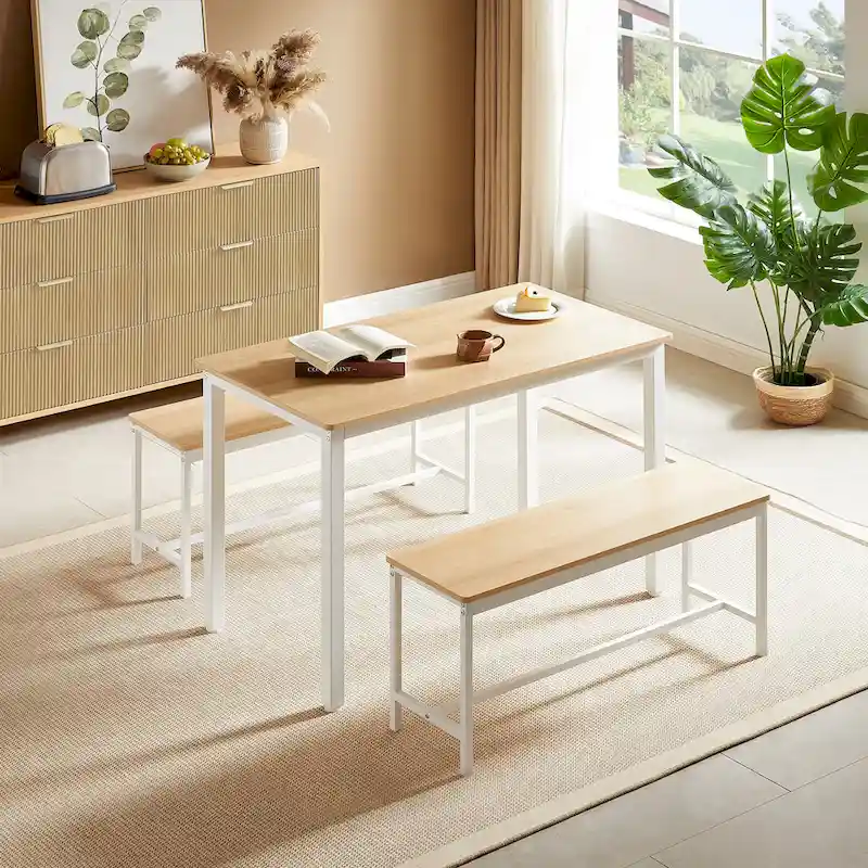 Industrial Rectangle Dining Table Set with 2 Benches Breakfast Nook Dining Table Set Kitchen Dining Table Set Metal Legs
