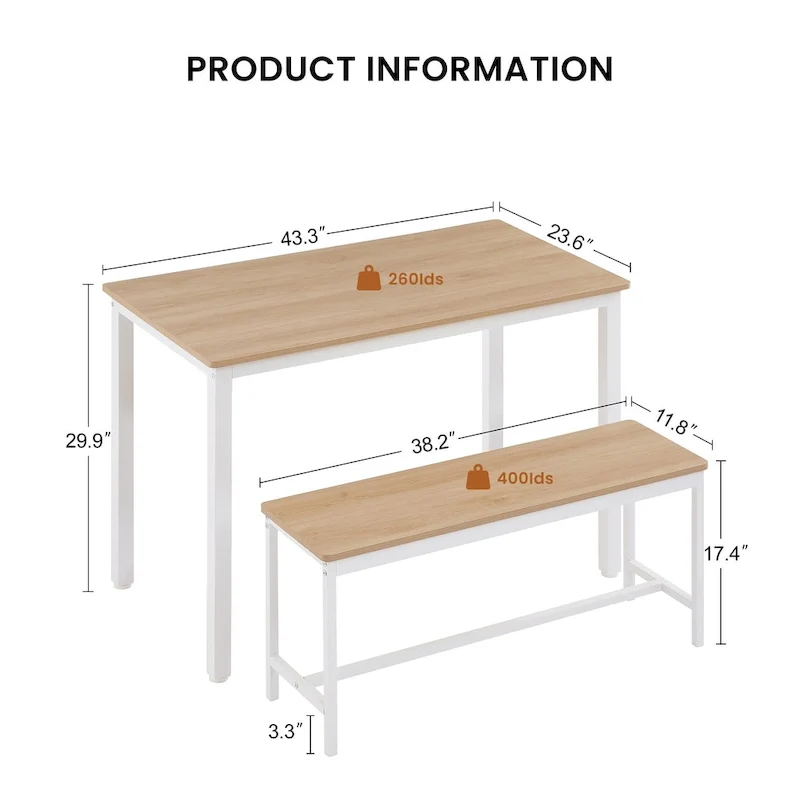 Industrial Rectangle Dining Table Set with 2 Benches Breakfast Nook Dining Table Set Kitchen Dining Table Set Metal Legs