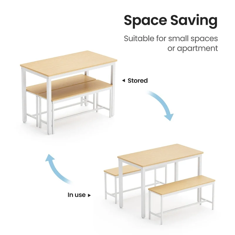 Industrial Rectangle Dining Table Set with 2 Benches Breakfast Nook Dining Table Set Kitchen Dining Table Set Metal Legs