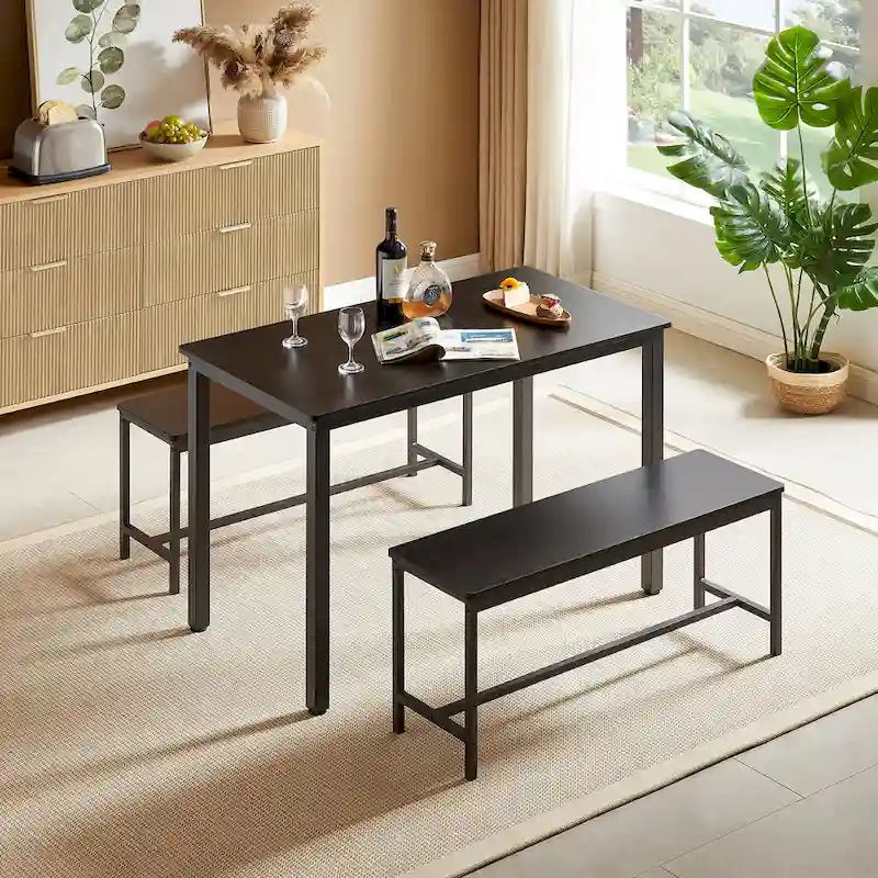 Industrial Rectangle Dining Table Set with 2 Benches Breakfast Nook Dining Table Set Kitchen Dining Table Set Metal Legs