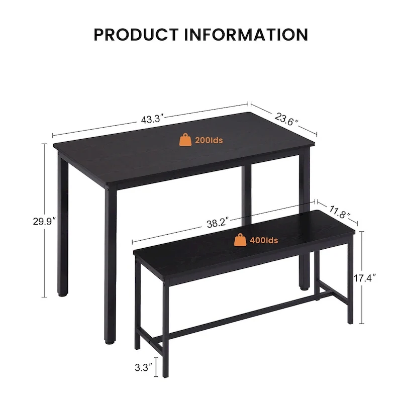 Industrial Rectangle Dining Table Set with 2 Benches Breakfast Nook Dining Table Set Kitchen Dining Table Set Metal Legs