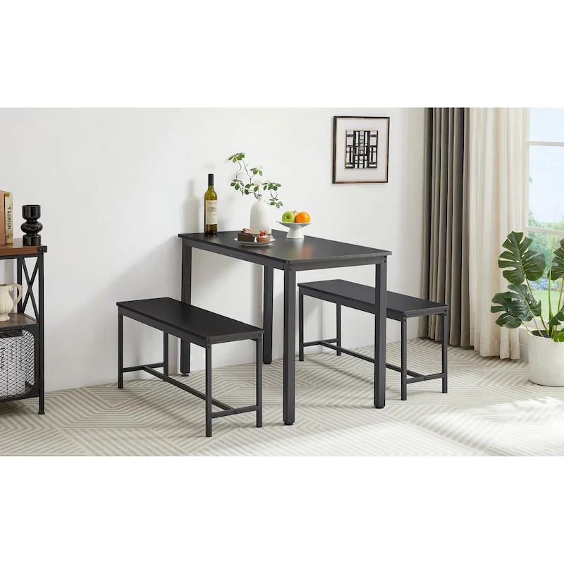 Industrial Rectangle Dining Table Set with 2 Benches Breakfast Nook Dining Table Set Kitchen Dining Table Set Metal Legs
