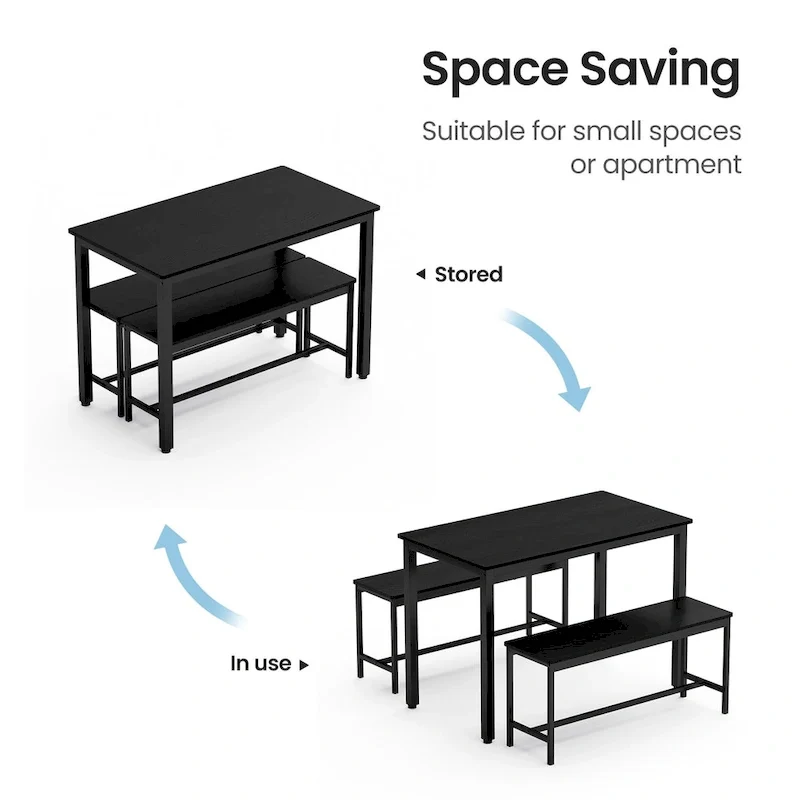 Industrial Rectangle Dining Table Set with 2 Benches Breakfast Nook Dining Table Set Kitchen Dining Table Set Metal Legs