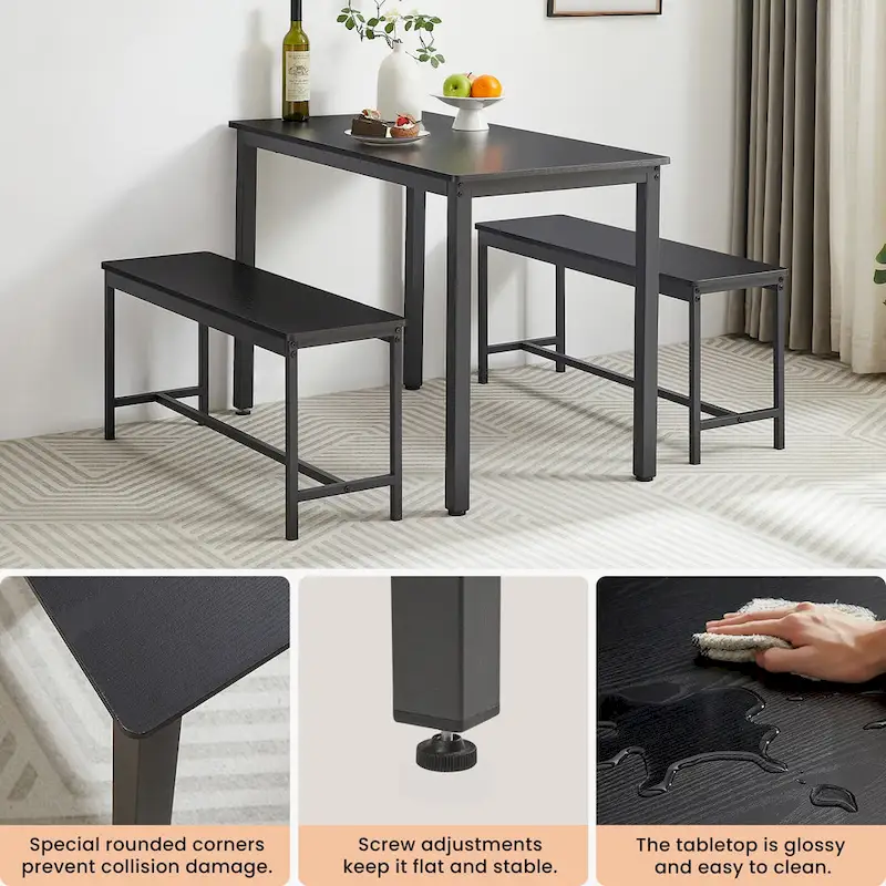 Industrial Rectangle Dining Table Set with 2 Benches Breakfast Nook Dining Table Set Kitchen Dining Table Set Metal Legs