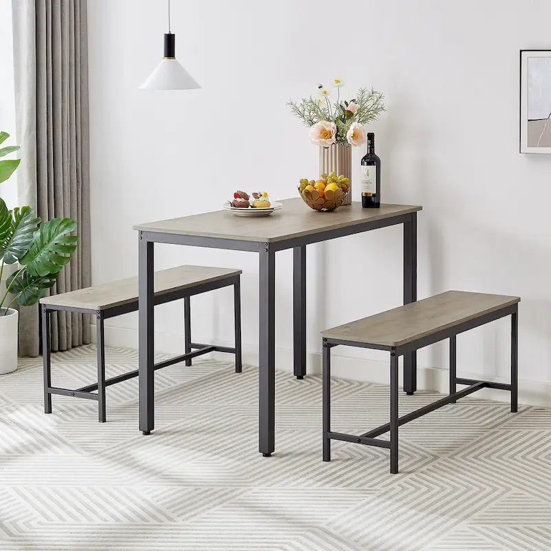 Industrial Rectangle Dining Table Set with 2 Benches Breakfast Nook Dining Table Set Kitchen Dining Table Set Metal Legs