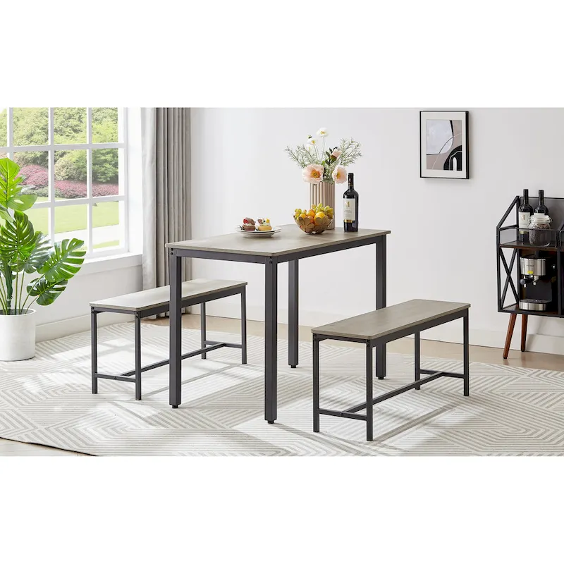 Industrial Rectangle Dining Table Set with 2 Benches Breakfast Nook Dining Table Set Kitchen Dining Table Set Metal Legs