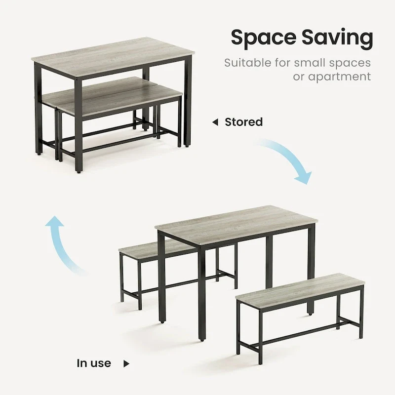 Industrial Rectangle Dining Table Set with 2 Benches Breakfast Nook Dining Table Set Kitchen Dining Table Set Metal Legs