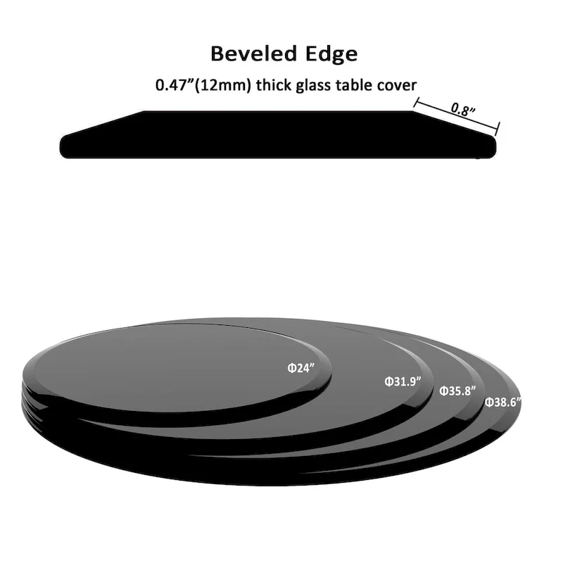 Round Tempered Glass Table Top black Glass Thick Beveled Polished Edge