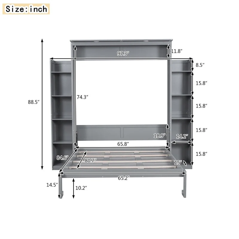 Merax Queen Size Murphy Bed Wall Bed with Shelves and LED Lights