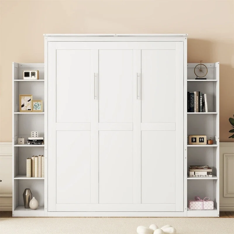 Merax Queen Size Murphy Bed Wall Bed with Shelves and LED Lights