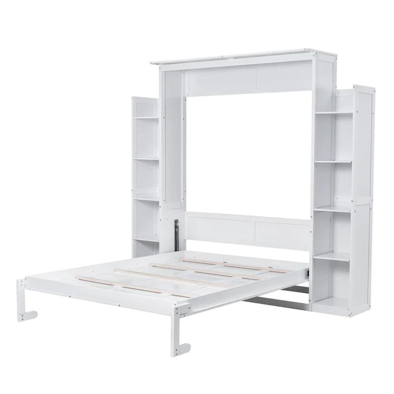 Merax Queen Size Murphy Bed Wall Bed with Shelves and LED Lights
