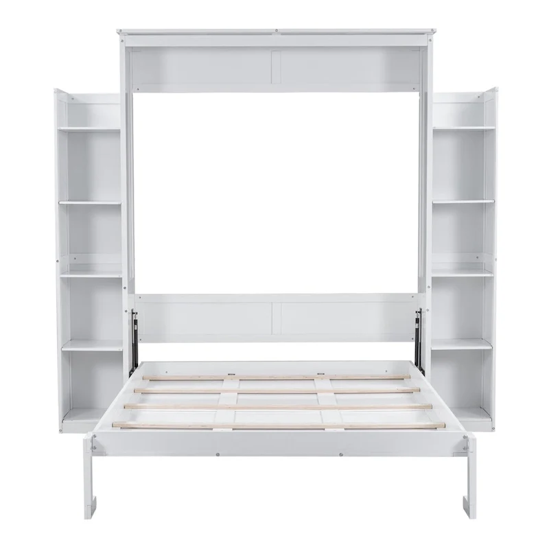 Merax Queen Size Murphy Bed Wall Bed with Shelves and LED Lights