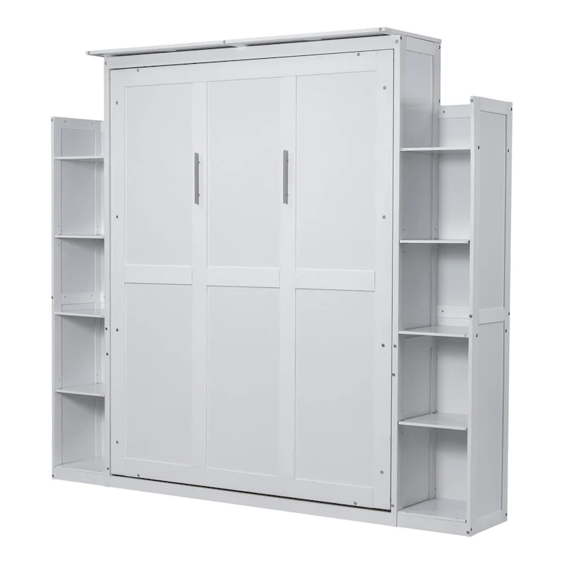 Merax Queen Size Murphy Bed Wall Bed with Shelves and LED Lights