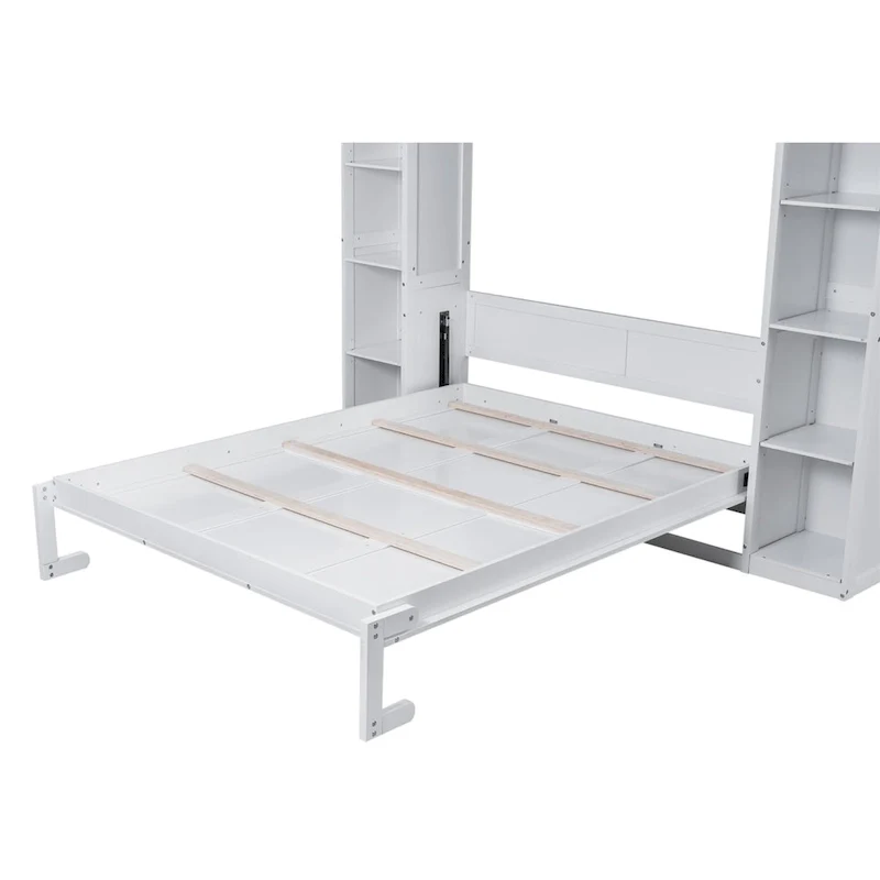 Merax Queen Size Murphy Bed Wall Bed with Shelves and LED Lights