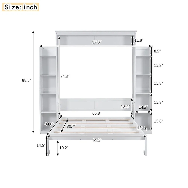 Merax Queen Size Murphy Bed Wall Bed with Shelves and LED Lights
