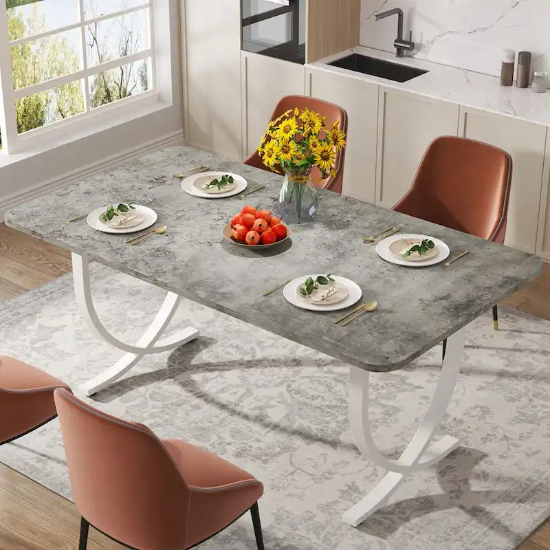 Rectangular Dining Table for 4 to 6, 63 Inch Kitchen Table with Faux Marble Finish