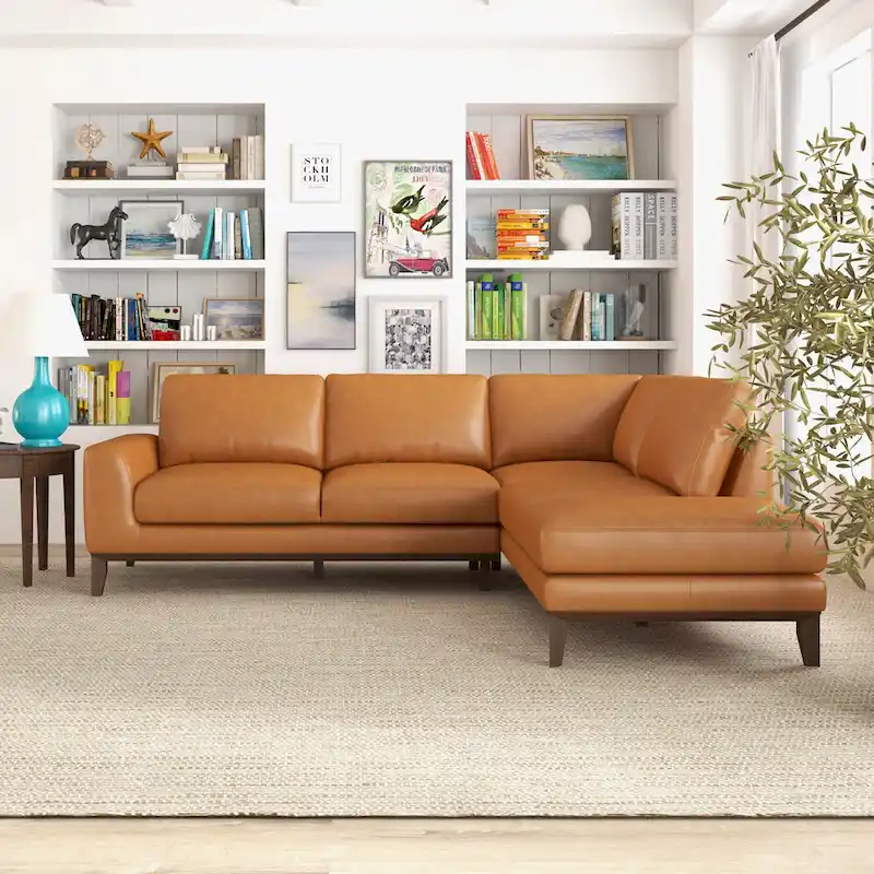 Miami Mid Century Living Room Top Leather Corner Sectional Sofa in Tan