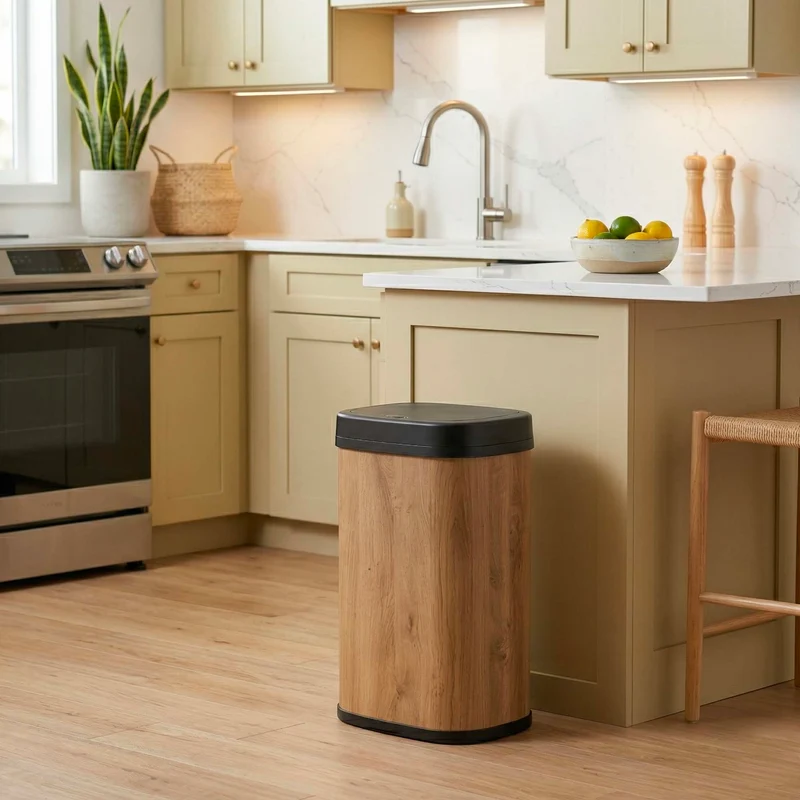 Poubelle de cuisine automatique 58L MAJESTIC WOOD design BOIS grande capacité en INOX avec cerclage
