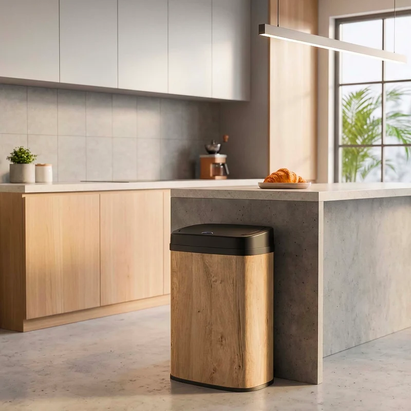 Poubelle de cuisine automatique 58L MAJESTIC WOOD design BOIS grande capacité en INOX avec cerclage