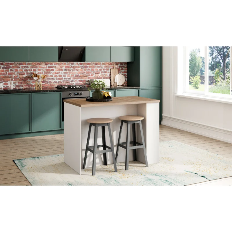 Ilot central de cuisine Dario L120cm bois et blanc avec rangements