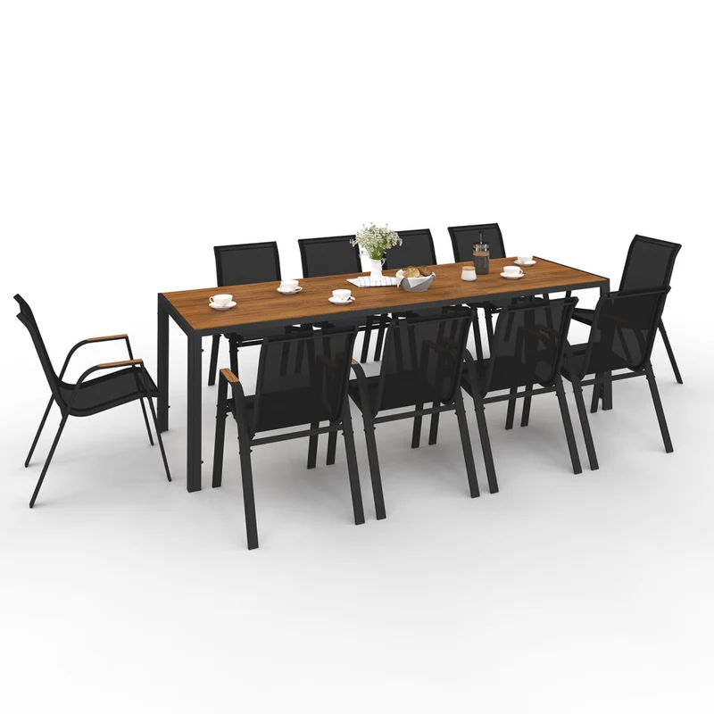 Ensemble repas Timbia 10 places noir et verre trempé effet bois