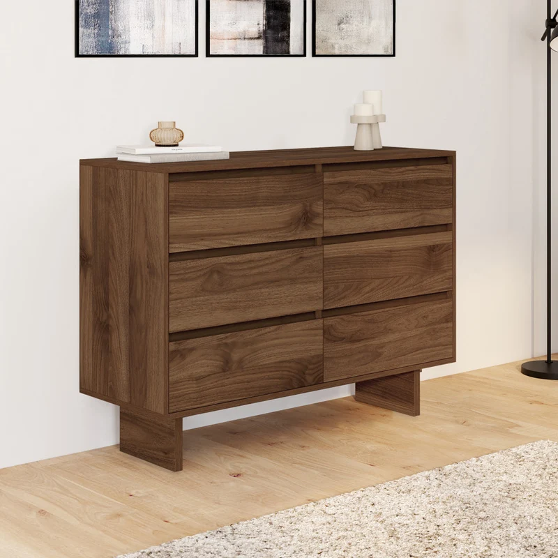 Commode Yumi 6 tiroirs en bois effet noyer