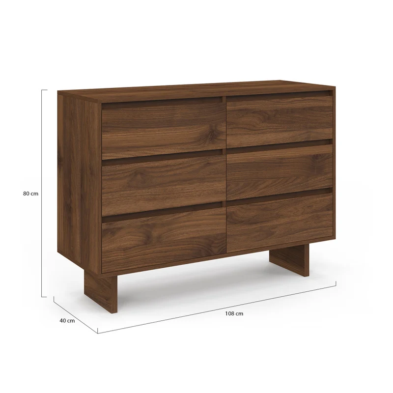 Commode Yumi 6 tiroirs en bois effet noyer