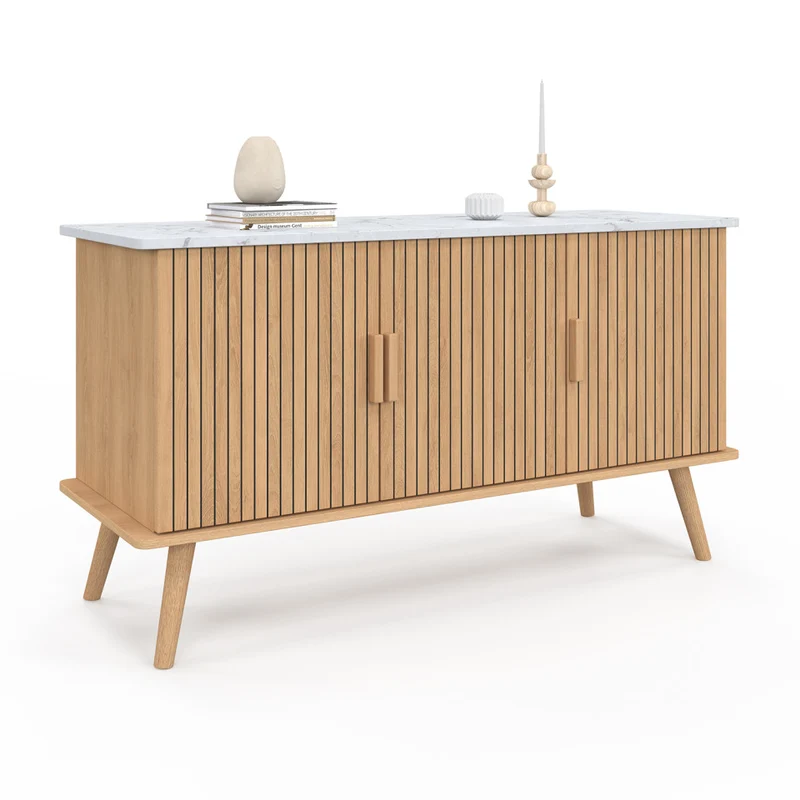Buffet Marceau 3 portes effet lattes et dessus marbre L110cm